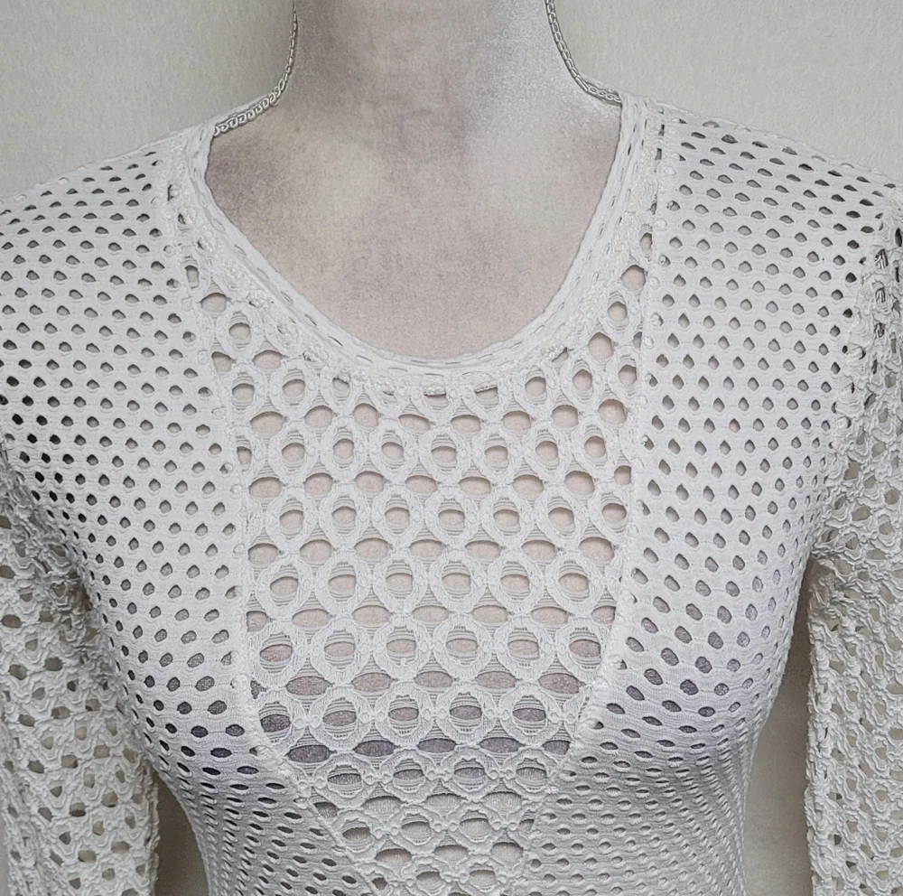 BCBG Max Azria ‘Elain' Long Sleeve Stretch White Mesh Top Long Sleeve Sheer Mesh